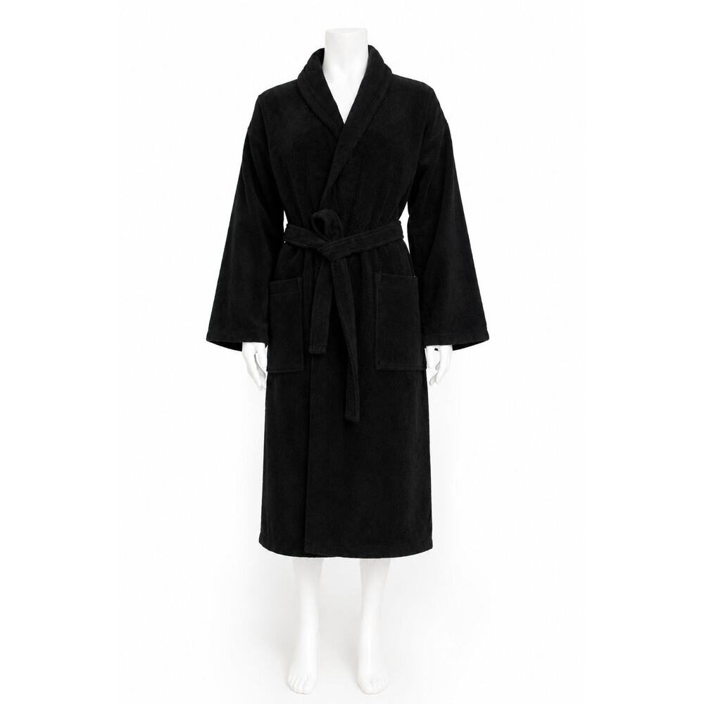 Black Bathrobe 100% Cotton Unisex Soft Spa Robe S/M Turkish Towel Belted Pockets - Picture 2 of 6